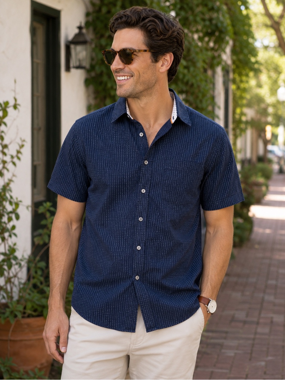 Rugby University Men’s Medium Navy Micro Dot Short Sleeve Button Down Shirt